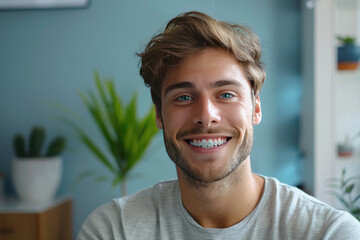 Portrait of a man with a beautiful smile and braces. Concept of straightening teeth and beautiful smile