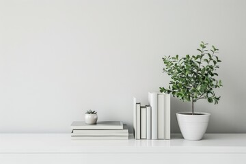 a clean minimalist white desk with books and plant