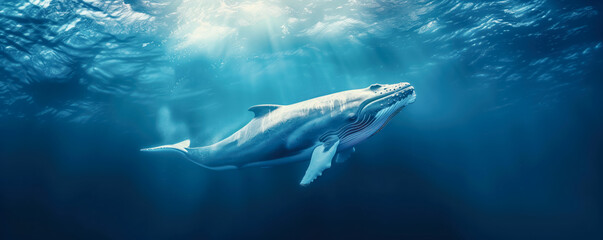 Obraz premium Giant whale swimming in the blue warm ocean.