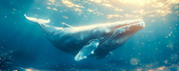 Fototapeta premium Giant whale swimming in the blue warm ocean.