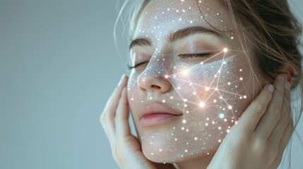 Woman with glowing white lines connecting dots on face showcasing skincare technology