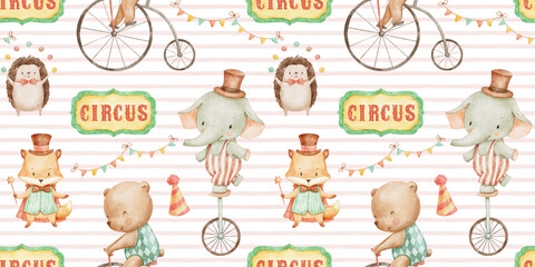 Seamless striped pattern with watercolor cute circus animal characters. Hand drawn repeat backdrop for nursery, kids and baby textile or fabric. © Elena