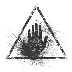 Grunge Stop Hand: Triangle Warning with Ink Splatter Texture.
