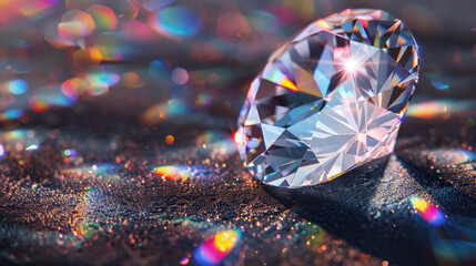 A close-up reveals a flawless, brilliant-cut diamond resting on black velvet. A single light source at a 45-degree angle casts a spectrum of rainbow colors from its facets.