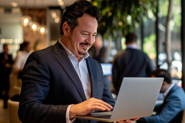 A successful brutal freelancer or CEO. A stylish guy uses a laptop, browses the Internet, looking for ideas for a project, standing in the office