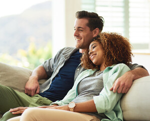Home, watching tv and couple on couch, relax and happiness with weekend break, comedy and romance....