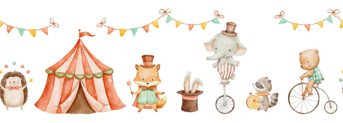 Seamless border with circus tent and characters, cute animals, watercolor hand drawn illustrations for nursery and kids. Woodland baby elephant, bear and hedgehog © Elena