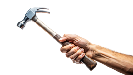 Isolated hand gripping a claw hammer, a common tool for construction and carpentry work