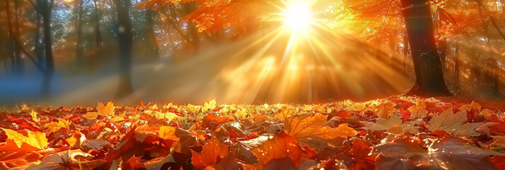 Sunlit autumn forest with vibrant orange leaves and falling foliage creating a warm and enchanting atmosphere with golden sunlight filtering through the trees 