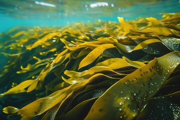 Underwater sunlight illuminating golden kelp, highlighting nutri