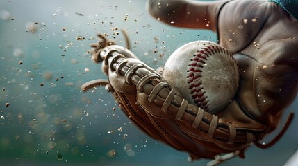 Baseball player catching ball in mitt. Training, competition, angle, focus, dirt, American sport, pitcher, catcher, hitter, defense, sports, blur, match. Leisure concept. Generative by AI.
