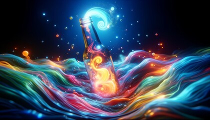 Vibrant glowing bottle amidst colorful, swirling waves of light in a surreal, abstract digital art representation of energy and creativity.