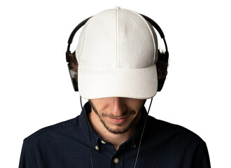 Man with a white cap and headphones transparent png