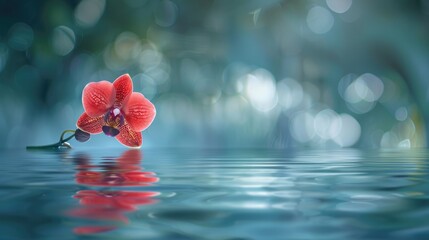 A graceful red orchid reflecting in calm water against a blurred backdrop a peaceful portrayal of natural elegance and refinement surrounded by calmness