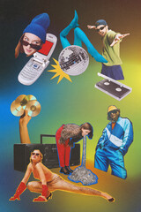 Music vibes and party fun. Young stylish people in stylish retro clothes having fun. gradient...