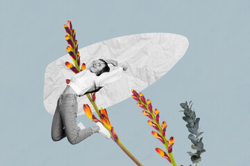 Composite collage picture image of mini girl fly big flower isolated on creative background