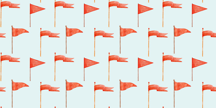 Seamless pattern with watercolor red flags on blue background. Hand drawn graphic endless backdrop