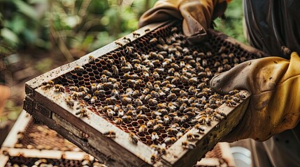 Beekeepers hands holding frame covered with bees and brood, hand protection, home production. Beauty of nature, close up, beekeeping, agriculture, natural products. Generative by AI.