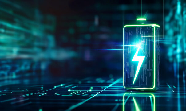 Glowing green power neon futuristic energy storage, high capacity rechargeable lithium ion battery