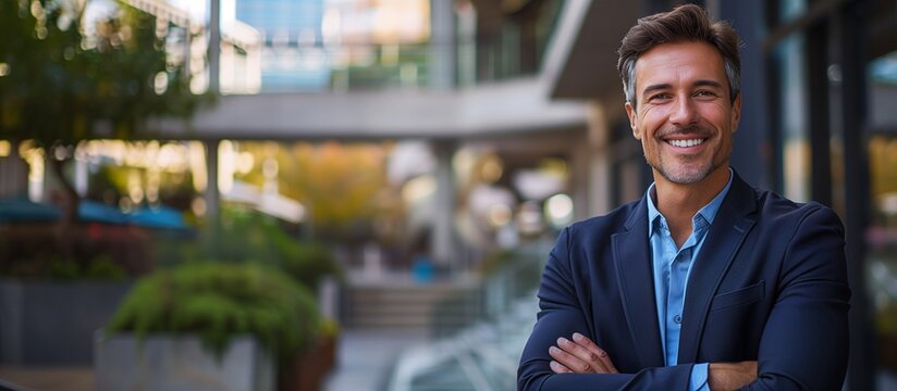 Successful Caucasian Businessman Smiling with Crossed Arms, Corporate Buildings, Confidence, Leadership, Motivation, Copy Space. 