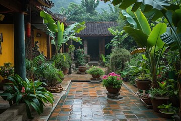 back courtyard of an old wooden house with vegetable and fruit plants