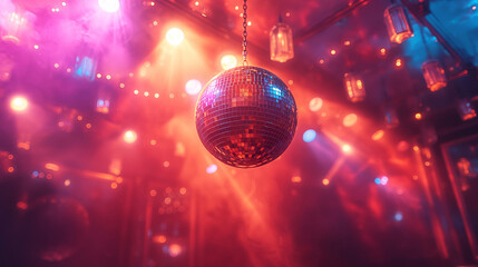 Disco ball for dancing in a disco club under the light of spotlights at a party