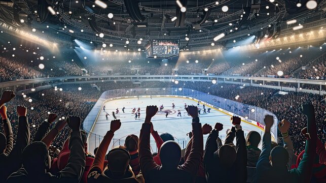 Hockey, fans, show, performance, skates, fans, hands up. Competition, hockey, ice rink, collision, drawn style, puck, stick, traumatic sport, rivalry, match. Generative by AI. - Powered by Adobe
