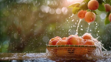 Ripe peaches in a basket being gently rinsed by a flowing stream of water, evoking freshness.