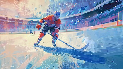 Hockey player goes across entire field straight to goal, scoring. Competition, hockey, ice rink, collision, drawn style, puck, stick, traumatic sport, rivalry, match. Generative by AI.