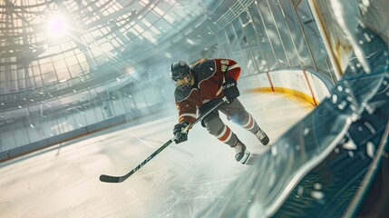 Hockey player goes around corner of field with goal of scoring. Competition, hockey, ice rink, collision, realistic style, puck, stick, traumatic sport, rivalry, match. Generative by AI.