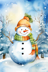 Christmas watercolor background. Christmas card. Adorable winter snowman postcard