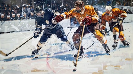 Hockey players fight for control of the puck on the field. Competition, hockey, ice rink, collision, drawn style, puck, stick, traumatic sport, rivalry, match. Generative by AI.