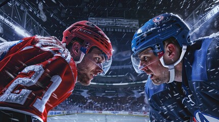 Intense face off between two hockey players at center ice. Competition, hockey, ice rink, one on one, collision, puck, stick, traumatic sport, rivalry, match. Generative by AI.