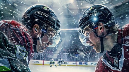 Intense face off between two hockey players at center ice. Competition, hockey, ice rink, one on one, collision, puck, stick, traumatic sport, rivalry, match. Generative by AI.