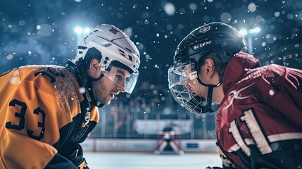 Intense face off between two hockey players at center ice. Competition, hockey, ice rink, one on one, collision, puck, stick, traumatic sport, rivalry, match. Generative by AI.