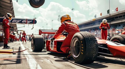 Racing driver making pit stop, intense competition. Racing, bolide, car, unusual angle, team of professionals, games, high speeds, training ride, image for poster. Generative by AI.