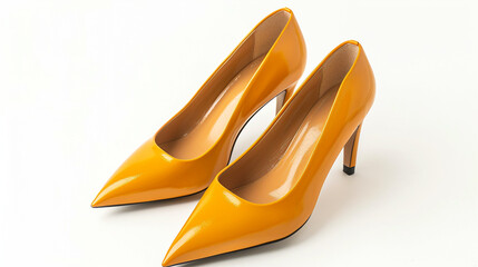 A pair of elegant women's classic leather heels in a rich mustard hue, isolated on a crisp white background, exuding timeless sophistication.