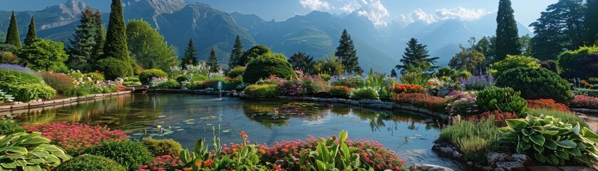 A breathtaking garden paradise with a peaceful pond, surrounded by an abundance of flowers and a dramatic mountain range, creating a sanctuary of natural beauty