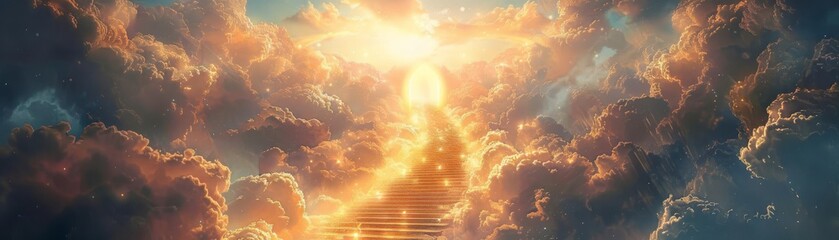 A celestial staircase wrapped in clouds, guided by golden light towards an arch of salvation, inspiring a sense of spiritual ascension and mysticism
