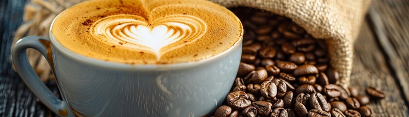 Obraz premium A closeup of a heart design in the foam of a cappuccino, symbolizing love and passion for coffee, with whole beans spilling from a burlap sack