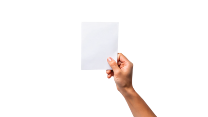 A hand holding a blank piece of paper, suitable for a message, advertisement, or presentation