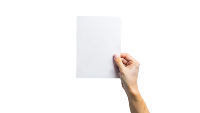 A hand holding a blank piece of paper, suitable for a message, advertisement, or presentation