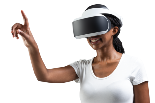 Woman with VR headset png touching invisible screen - Powered by Adobe