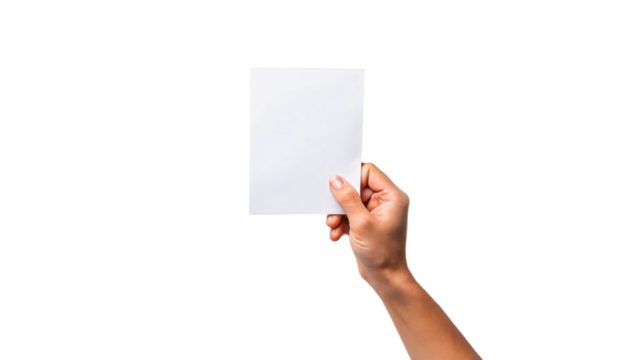 A hand holding a blank piece of paper, suitable for a message, advertisement, or presentation