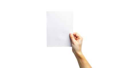 A hand holding a blank piece of paper, suitable for a message, advertisement, or presentation