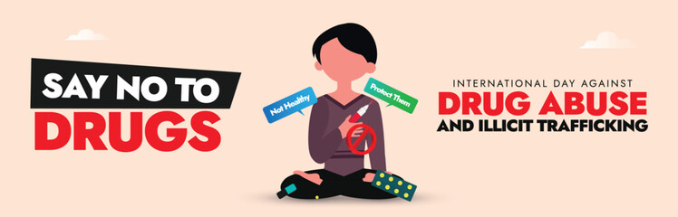 International day against drug abuse and illicit trafficking. 26th June World Drug day cover banner, post with an addict boy to strengthen action, cooperation in achieving a world free of drug abuse