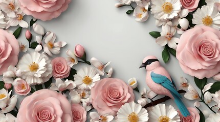  pair of blue and pink birds are perched on a branch with pink and white flowers.