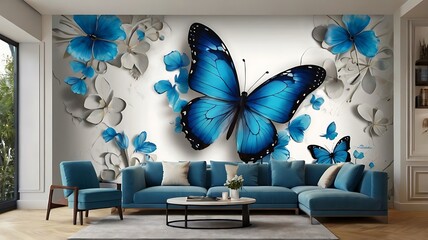 A blue and white textured wall mural of butterflies with a white sectional couch in front of it.
