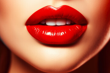 Passionate red lips close up. Beautiful perfect makeup - cosmetic beauty procedures. Sexy woman red lips