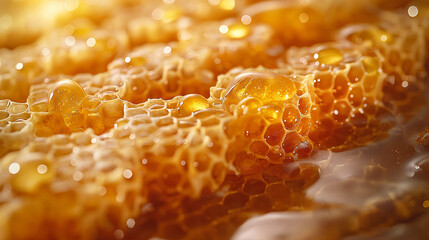 Close-up of a beeswax honeycomb with juicy honey flowing through it.
